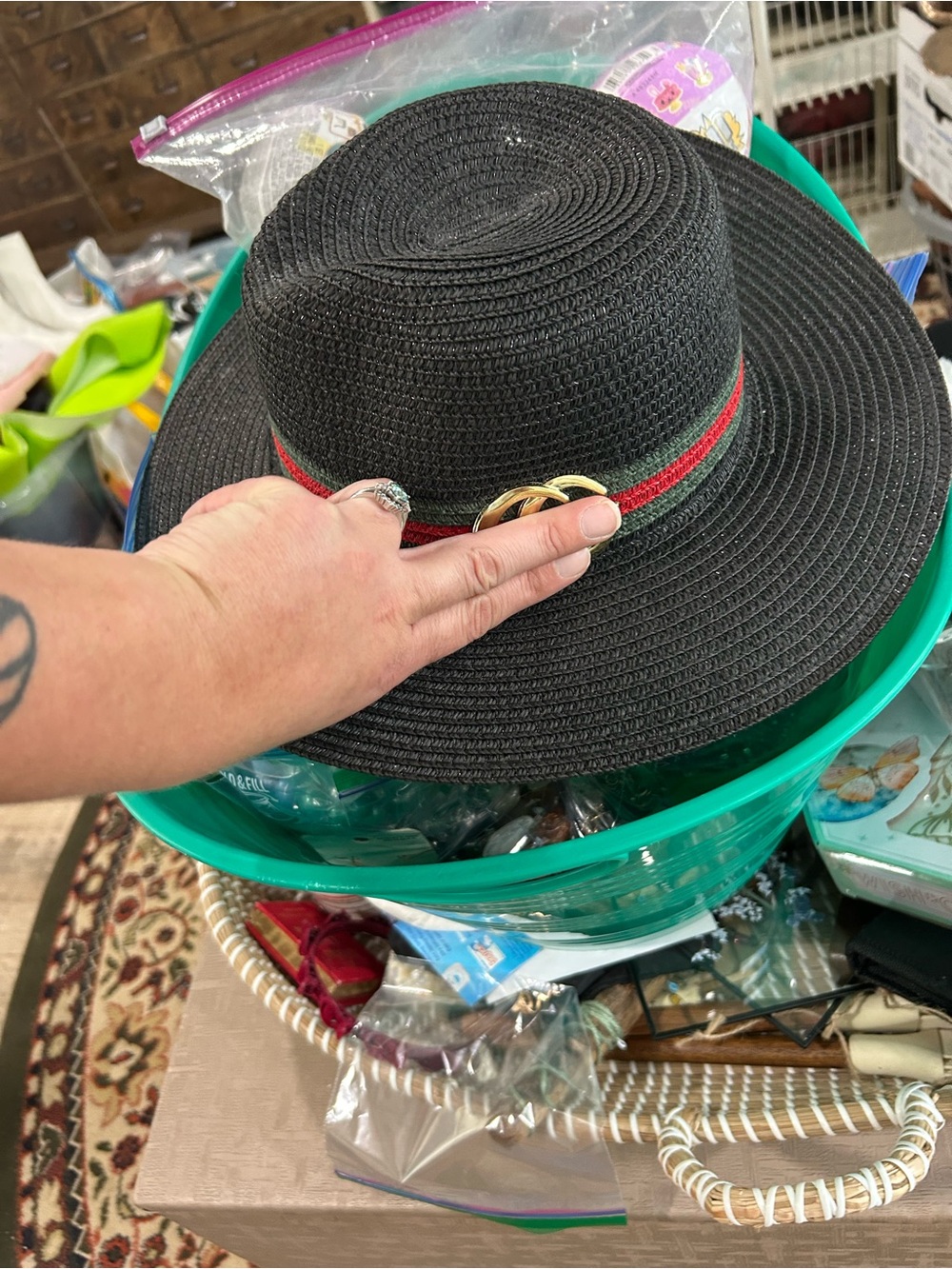 Black Straw Wide-Brim Hat with Red & Green Band